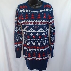 Tipsy Elves Sequin Fair Isle Sweater Dress M Red White Blue Christmas Reindeer